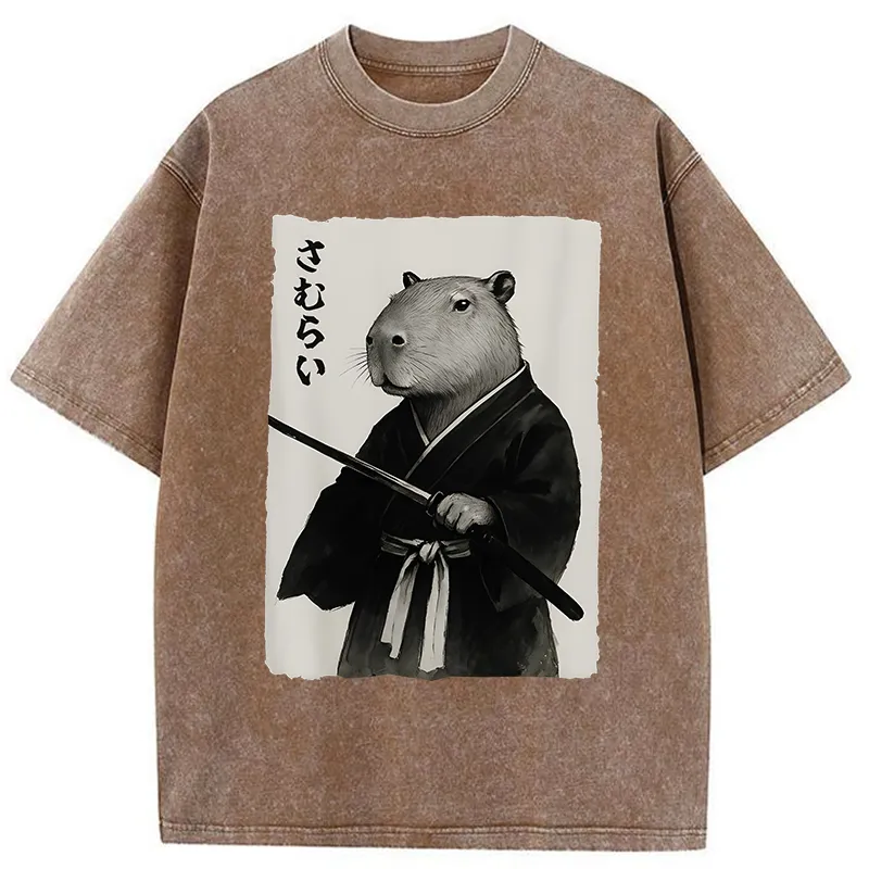 Tokyo-Tiger Capybara Japanese Samurai Washed T-Shirt