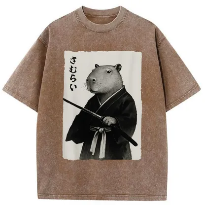 Tokyo-Tiger Capybara Japanese Samurai Washed T-Shirt