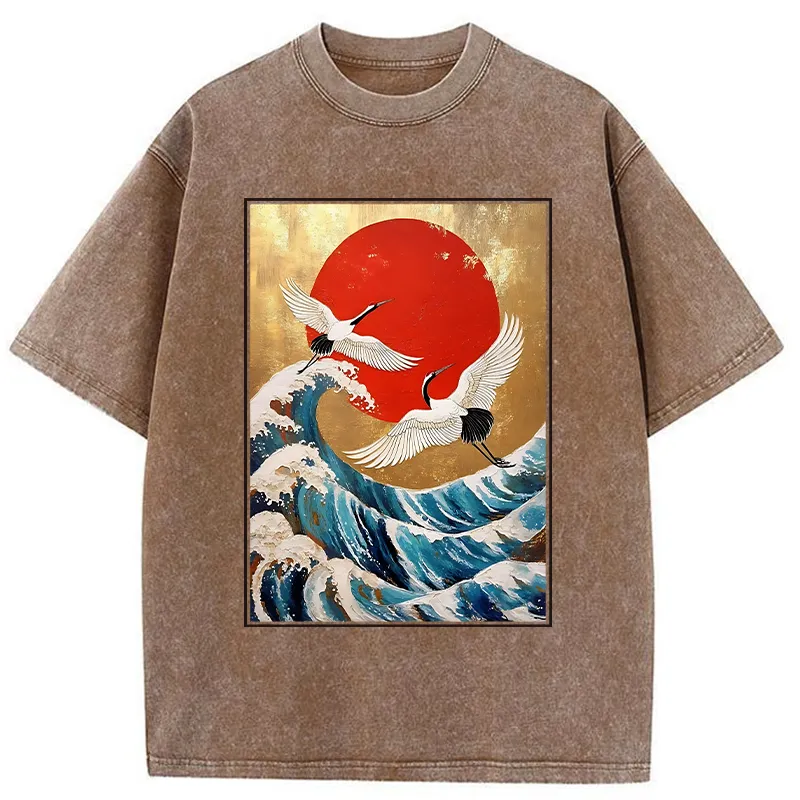 Tokyo-Tiger Cranes And Waves Ukiyo-e Washed T-Shirt