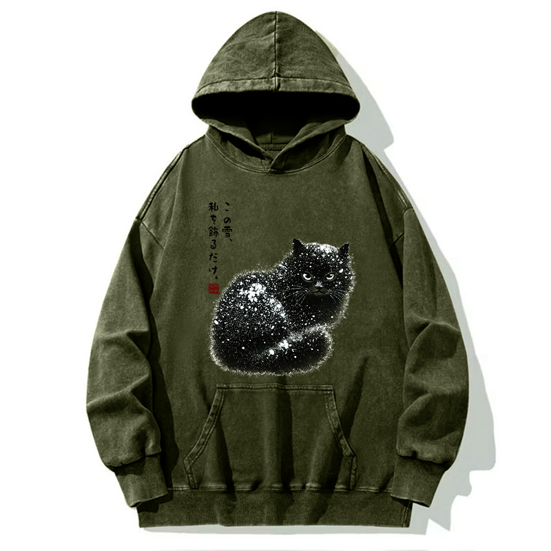 Tokyo-Tiger Black Cat Adorned by Snow Washed Hoodie