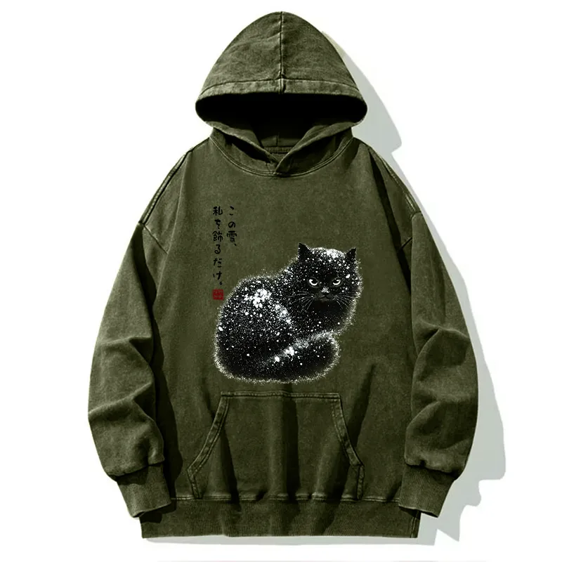 Tokyo-Tiger Black Cat Adorned by Snow Washed Hoodie