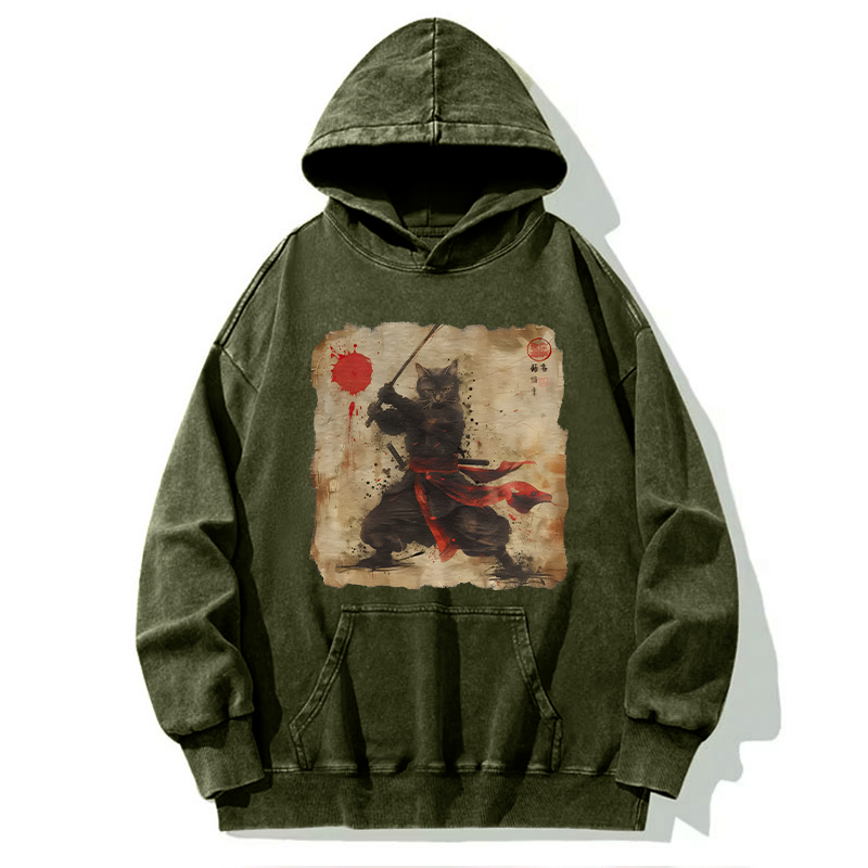 Tokyo-Tiger Retro Japanese Samurai Cat Washed Hoodie