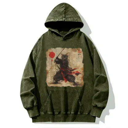 Tokyo-Tiger Retro Japanese Samurai Cat Washed Hoodie
