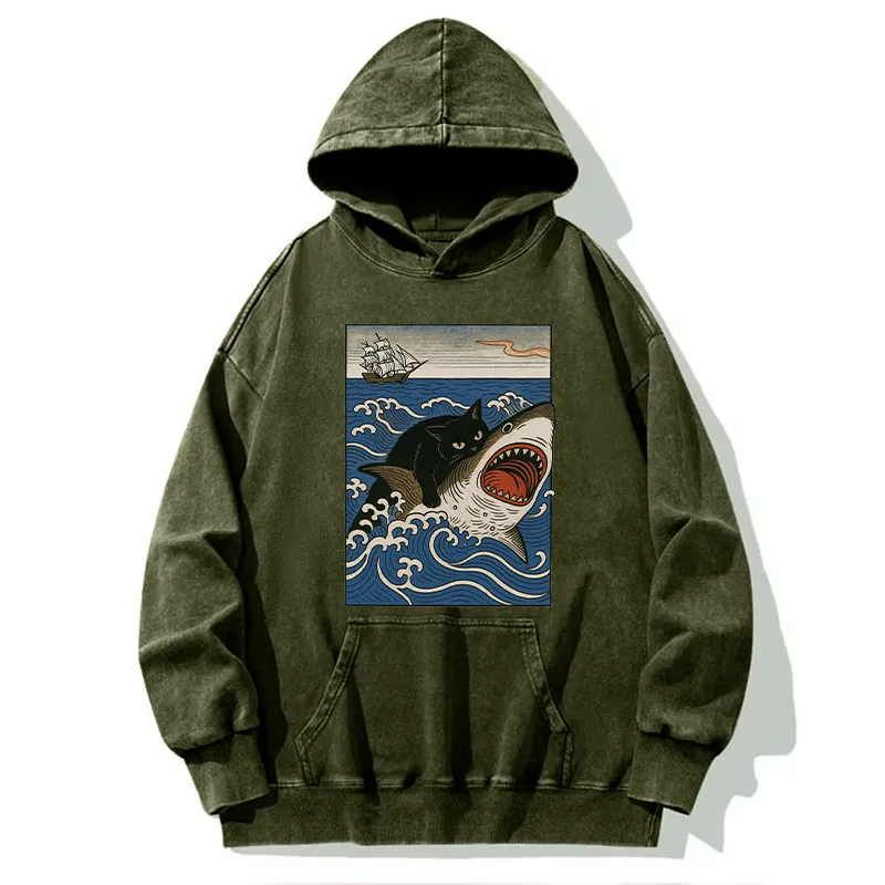 Tokyo-Tiger Cat Hunting Shark Washed Hoodie
