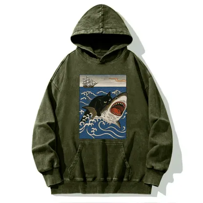 Tokyo-Tiger Cat Hunting Shark Washed Hoodie