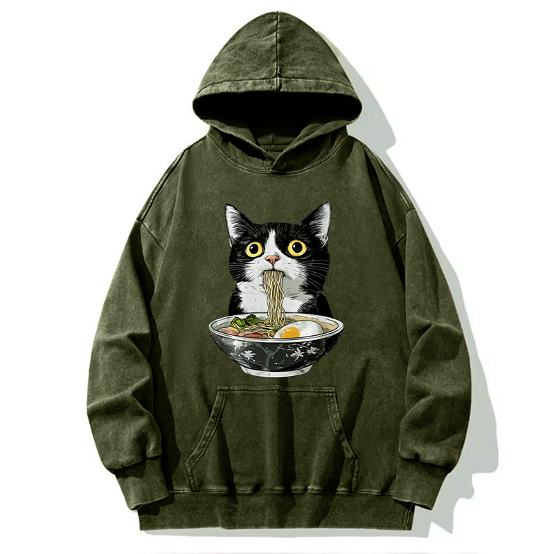 Tokyo-Tiger Cute Cat Eating Japan Ramen Washed Hoodie