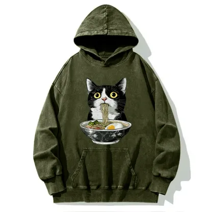 Tokyo-Tiger Cute Cat Eating Japan Ramen Washed Hoodie