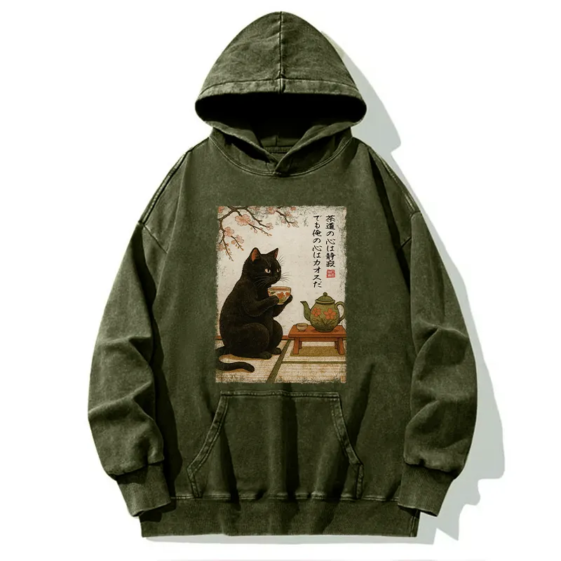Tokyo-Tiger Tea Time With A Black Cat Washed Hoodie