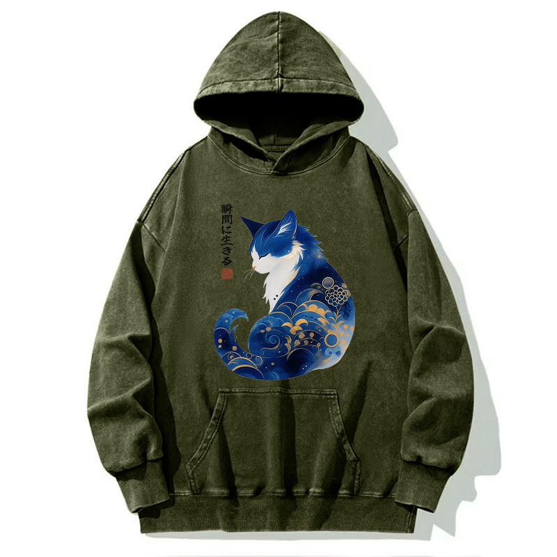 Tokyo-Tiger Retro Zen Cat: Living the Present Washed Hoodie