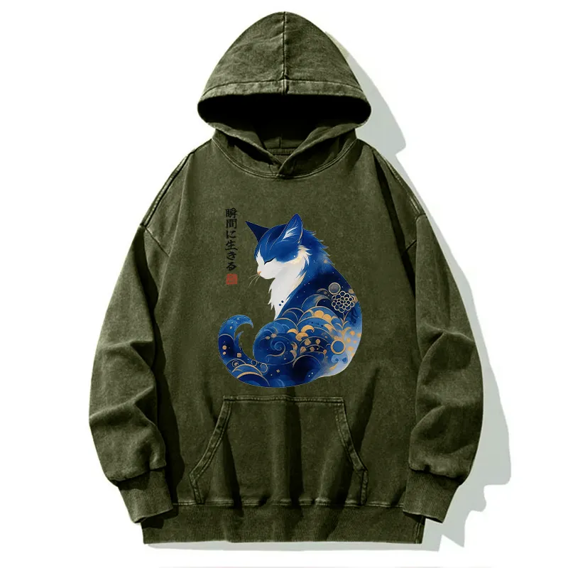 Tokyo-Tiger Retro Zen Cat: Living the Present Washed Hoodie