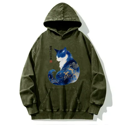 Tokyo-Tiger Retro Zen Cat: Living the Present Washed Hoodie