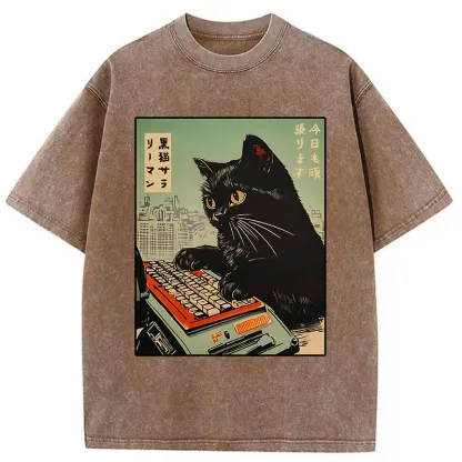 Tokyo-Tiger Cat Typing Washed T-Shirt