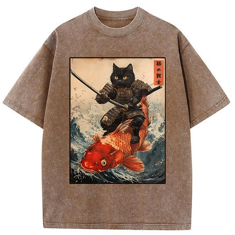Tokyo-Tiger Cat Samurai Rides Koi Carp Washed T-Shirt