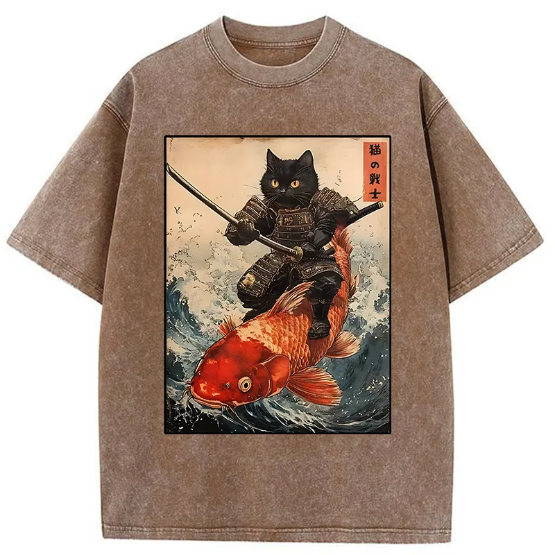 Tokyo-Tiger Cat Samurai Rides Koi Carp Washed T-Shirt