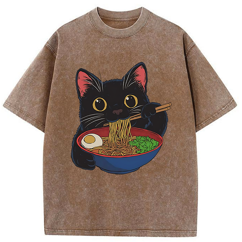 Tokyo-Tiger Black Cat Ate Japan Ramen Washed T-Shirt