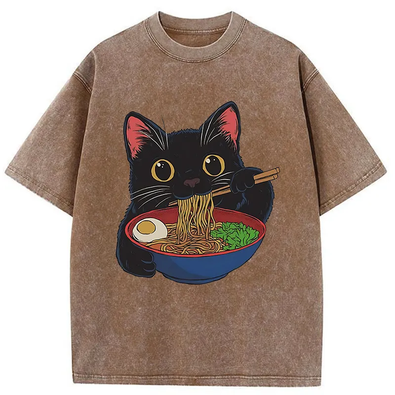 Tokyo-Tiger Black Cat Ate Japan Ramen Washed T-Shirt
