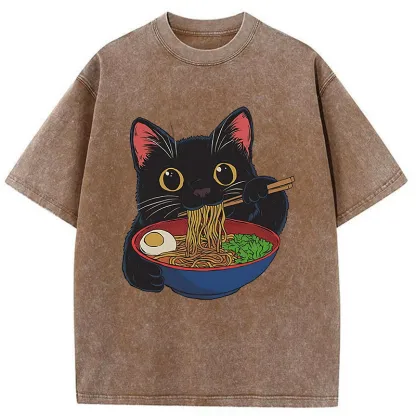 Tokyo-Tiger Black Cat Ate Japan Ramen Washed T-Shirt