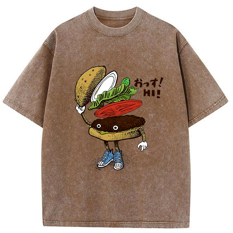 Tokyo-Tiger Hamburger That Says Hello Washed T-Shirt