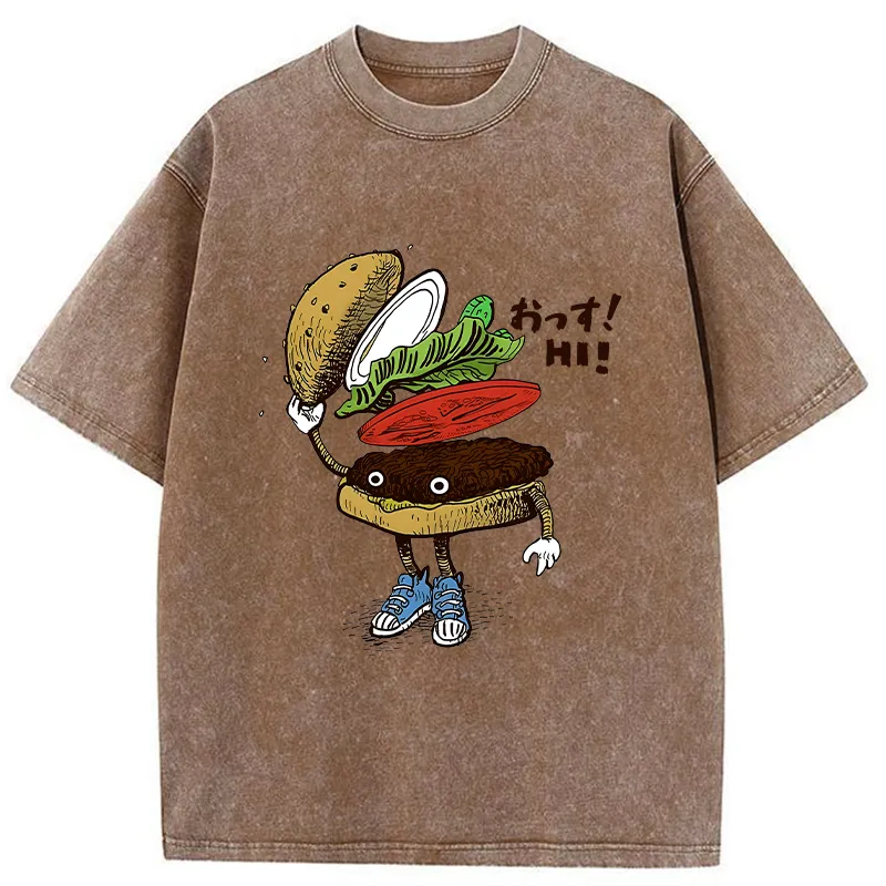 Tokyo-Tiger Hamburger That Says Hello Washed T-Shirt