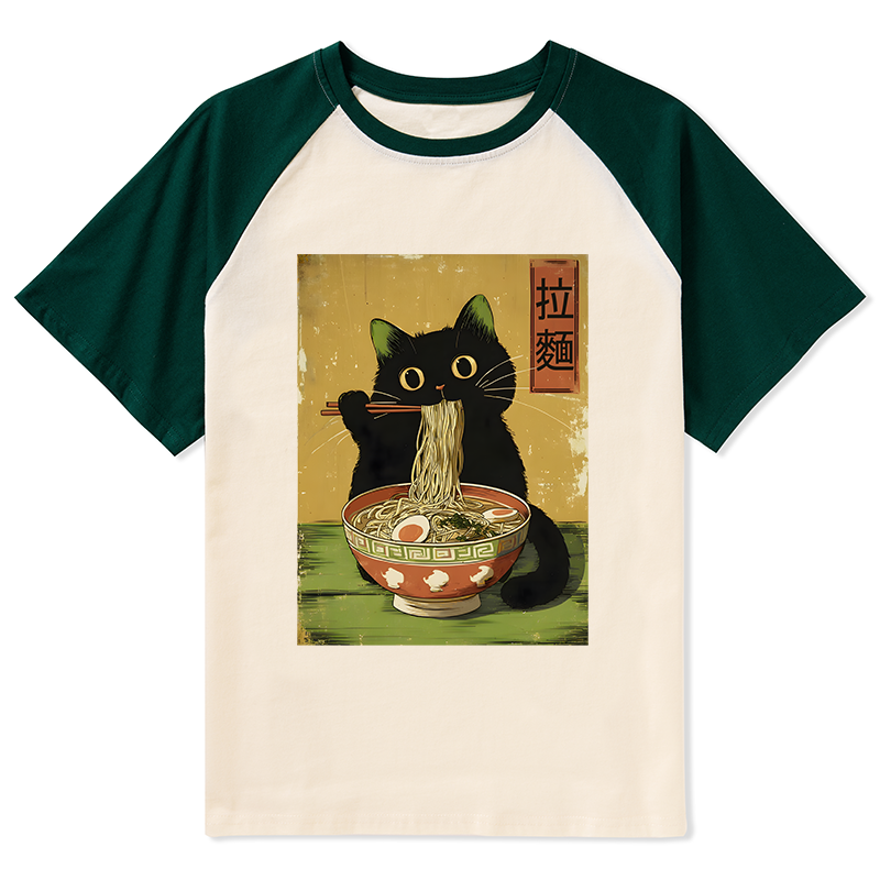 Tokyo-Tiger Vintage Japanese Cat Eating Ramen Raglan T-shirt