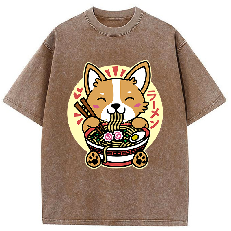 Tokyo-Tiger Corgi Eats Ramen Washed T-Shirt