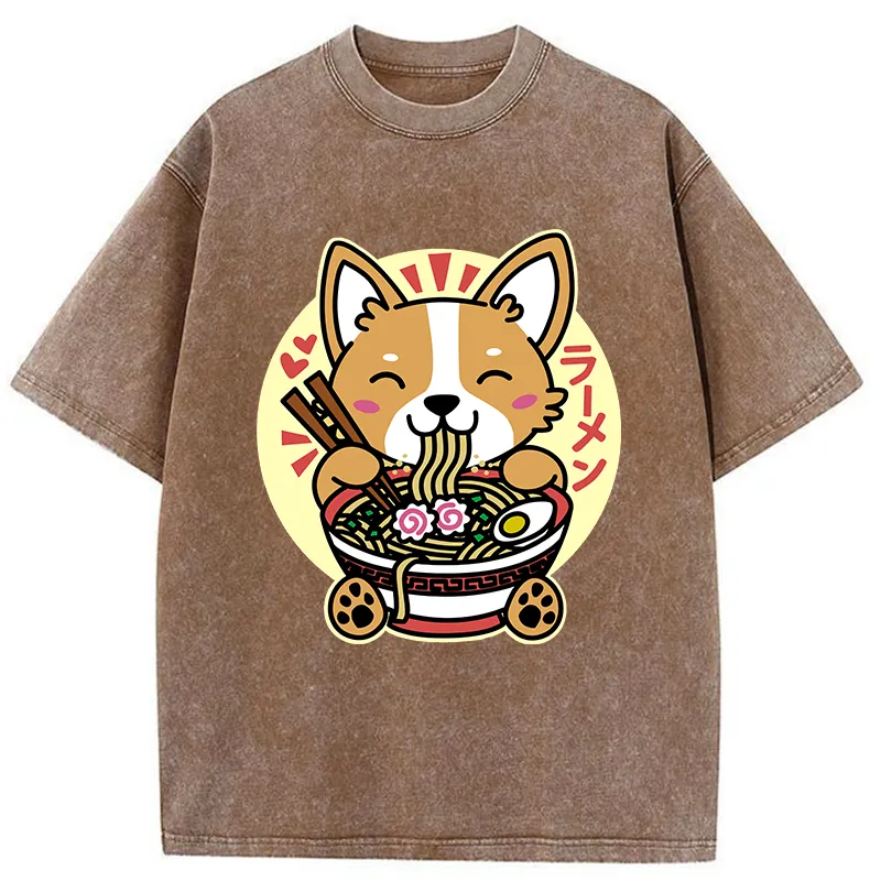 Tokyo-Tiger Corgi Eats Ramen Washed T-Shirt