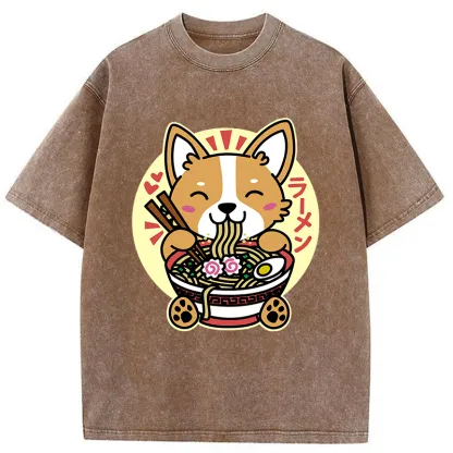 Tokyo-Tiger Corgi Eats Ramen Washed T-Shirt