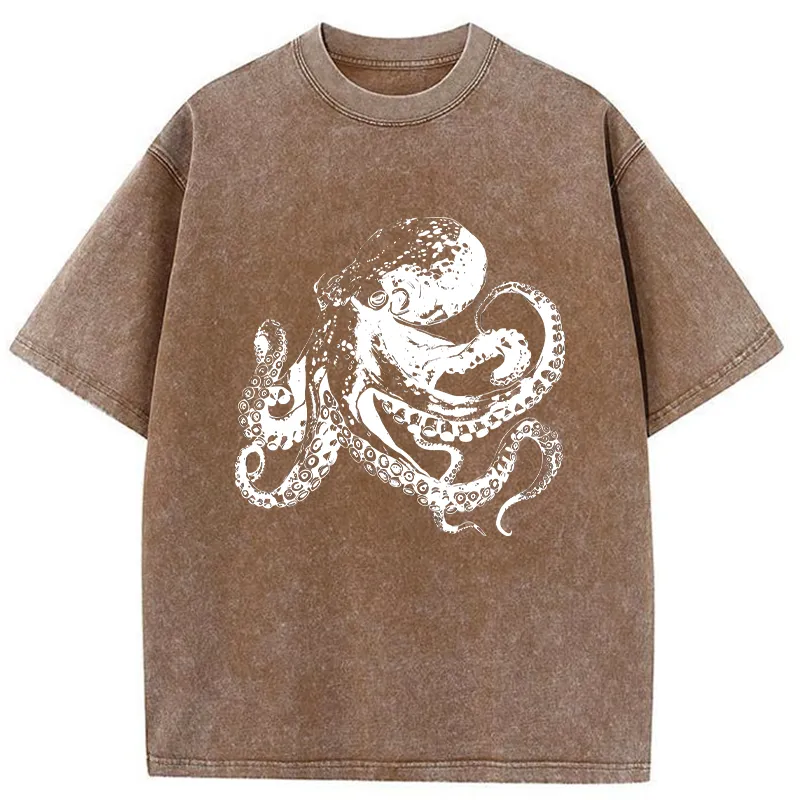 Tokyo-Tiger Woodcut Octopus Washed T-Shirt
