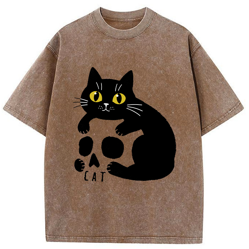 Tokyo-Tiger Cat And Skull Washed T-Shirt