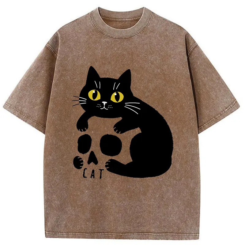 Tokyo-Tiger Cat And Skull Washed T-Shirt