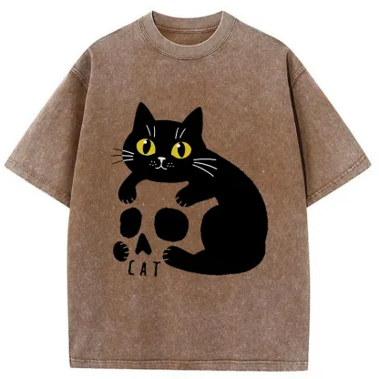Tokyo-Tiger Cat And Skull Washed T-Shirt