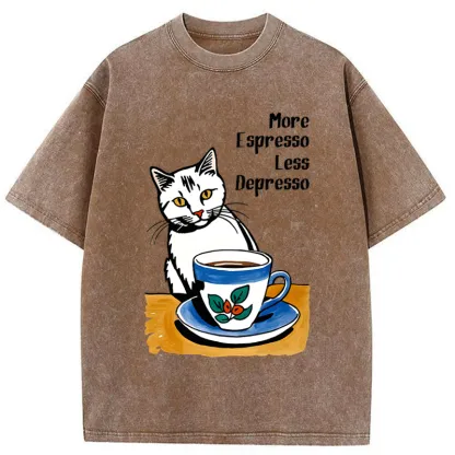 Tokyo-Tiger Cute Cat Drinking Coffee Washed T-Shirt