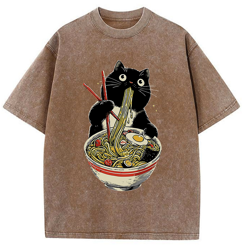 Tokyo-Tiger Black Cat Eats Ramen Japanese Washed T-Shirt