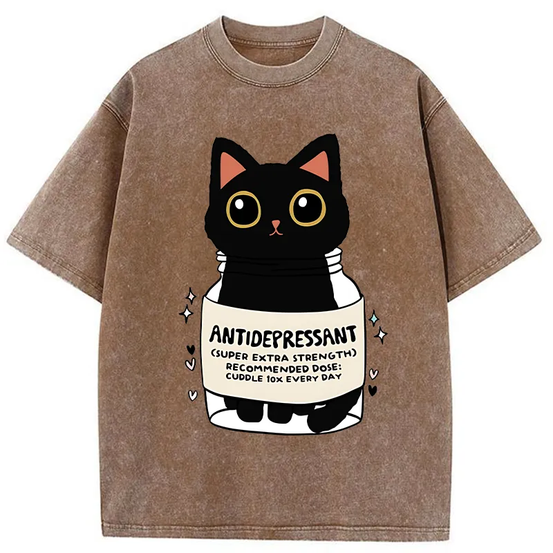 Tokyo-Tiger Antidepressant Black Cat Washed T-Shirt