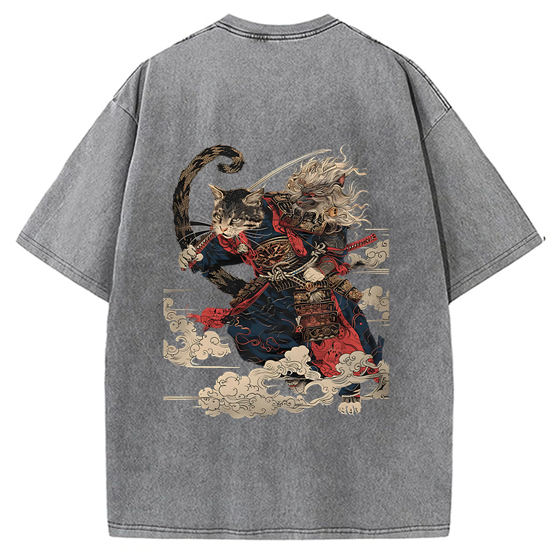 Tokyo-Tiger Gorgeous Samurai Cat Washed T-Shirt