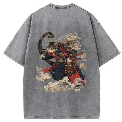 Tokyo-Tiger Gorgeous Samurai Cat Washed T-Shirt