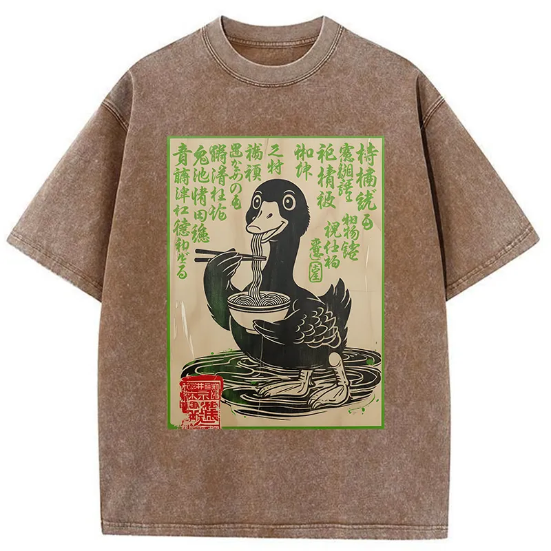 Tokyo-Tiger Retro Duck Eating Ramen Washed T-Shirt