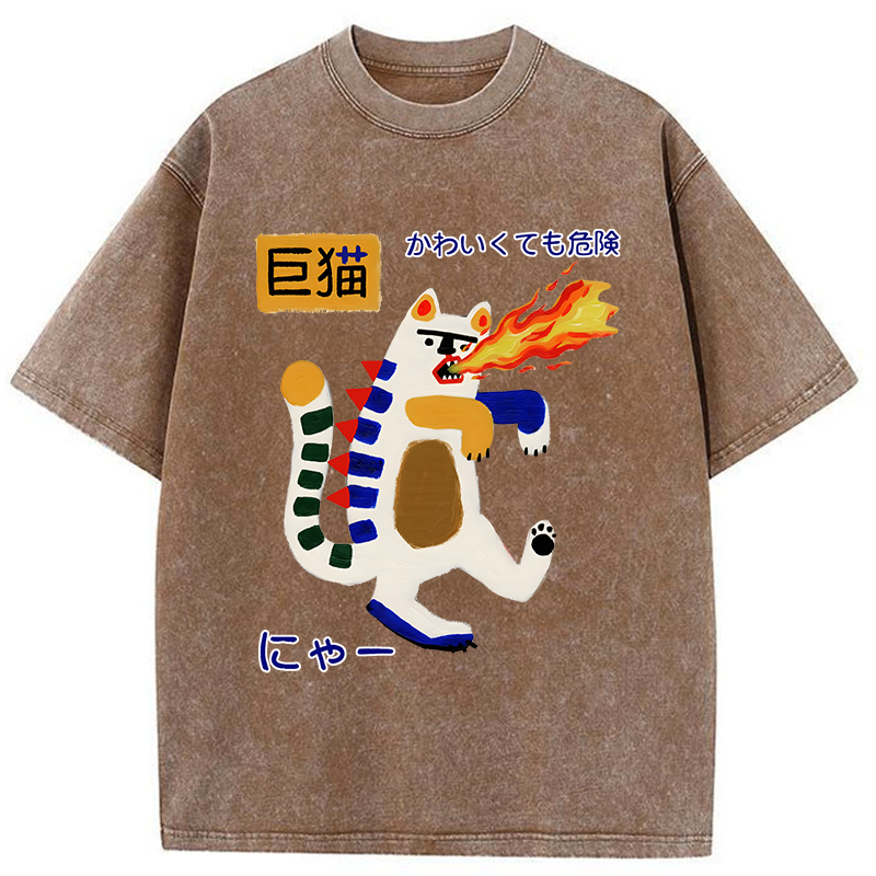 Tokyo-Tiger Fire-breathing Giant Cat Washed T-Shirt