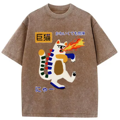 Tokyo-Tiger Fire-breathing Giant Cat Washed T-Shirt