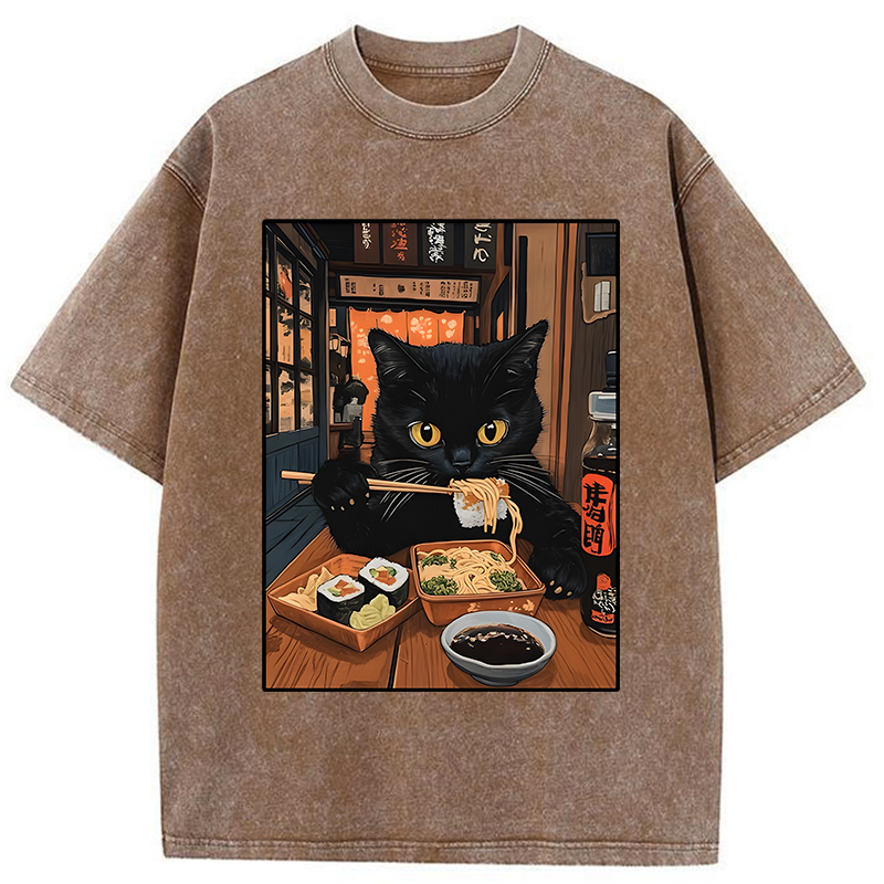 Tokyo-Tiger Black Cat Eating At Sushi Restaurant Washed T-Shirt