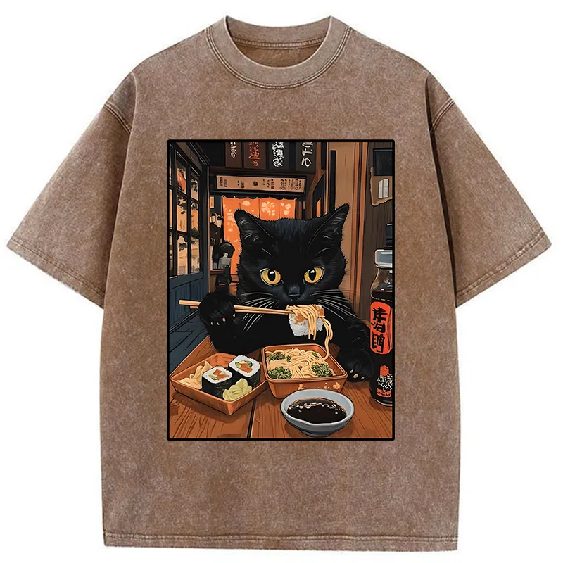 Tokyo-Tiger Black Cat Eating At Sushi Restaurant Washed T-Shirt