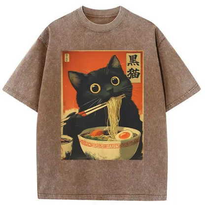 Tokyo-Tiger Black Cat Eats Japanese Ramen Retro Washed T-Shirt