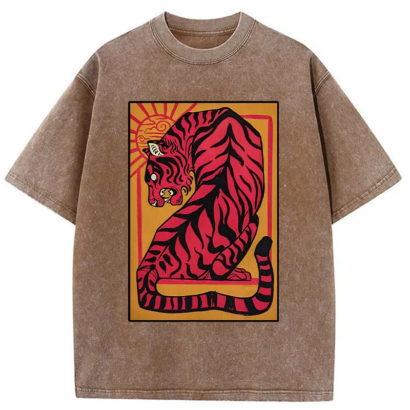 Tokyo-Tiger Powerful Tiger Woodcut Print Washed T-Shirt