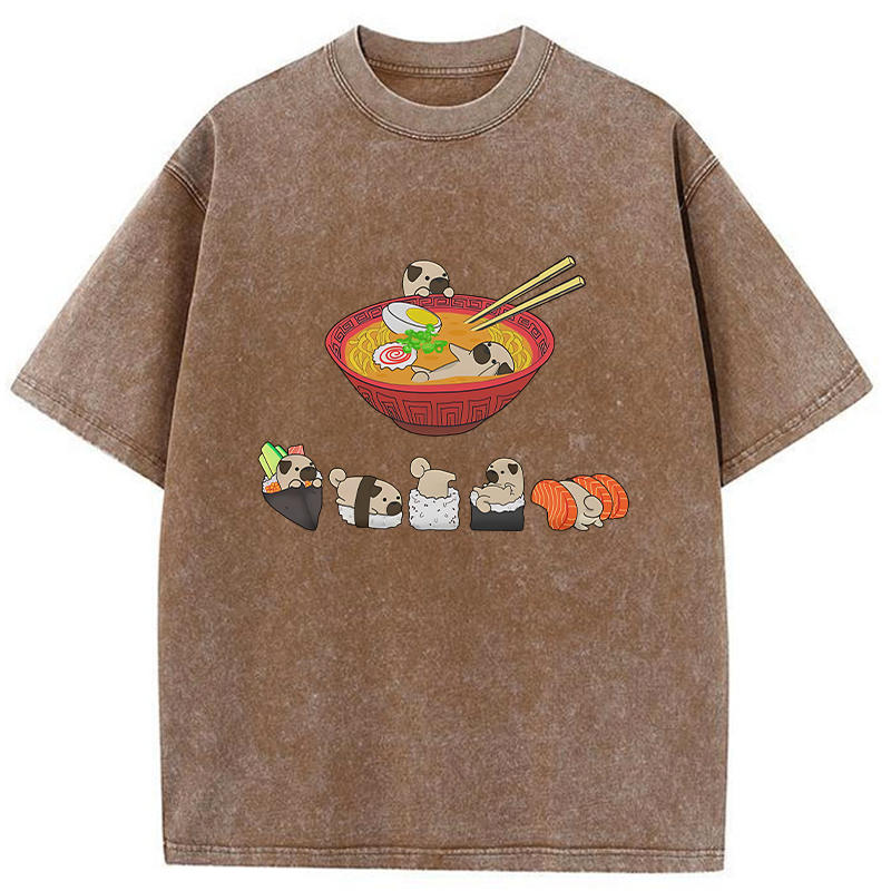 Tokyo-Tiger Pug Dog And Japanese Foods Washed T-Shirt