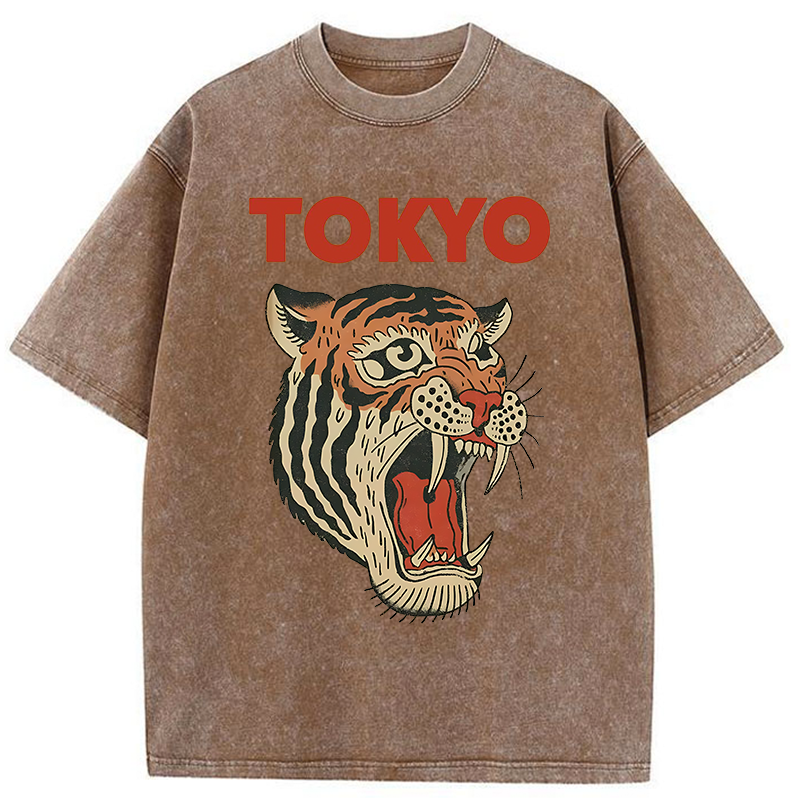 Tokyo-Tiger Retro Ukiyo-e Tiger Washed T-Shirt