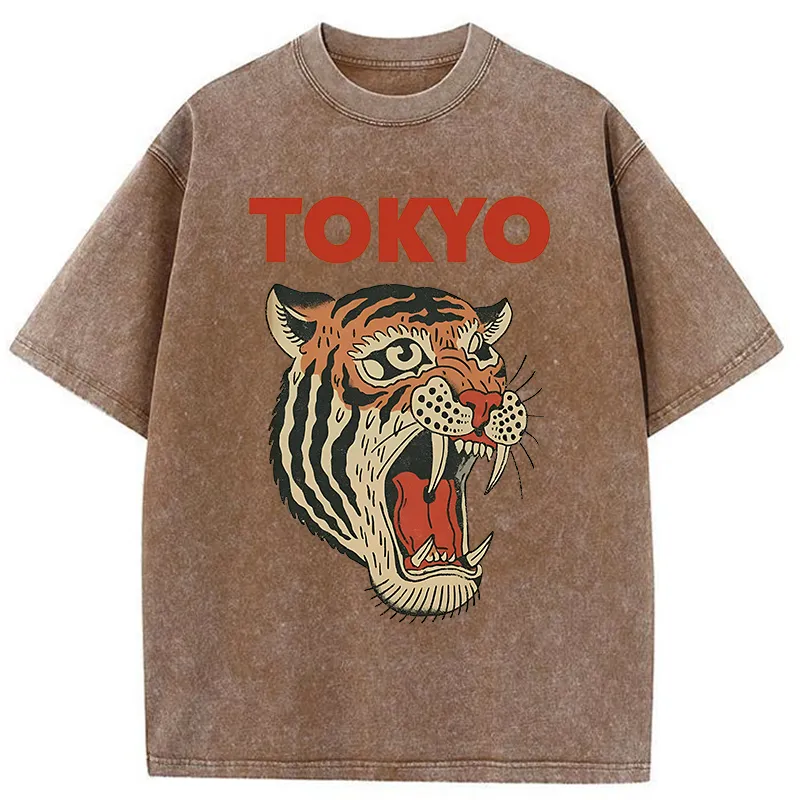 Tokyo-Tiger Retro Ukiyo-e Tiger Washed T-Shirt