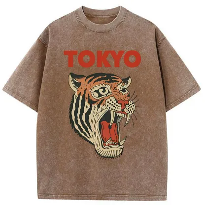 Tokyo-Tiger Retro Ukiyo-e Tiger Washed T-Shirt