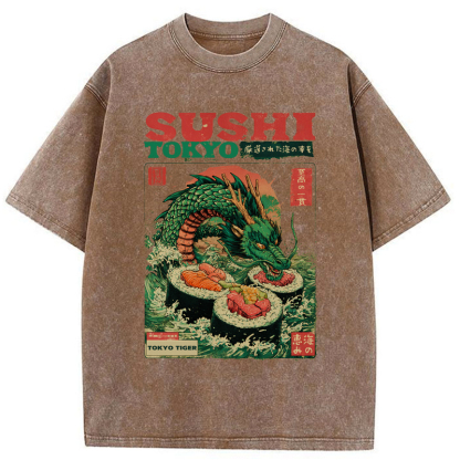 Tokyo-Tiger Ocean Dragon Sushi Washed T-Shirt