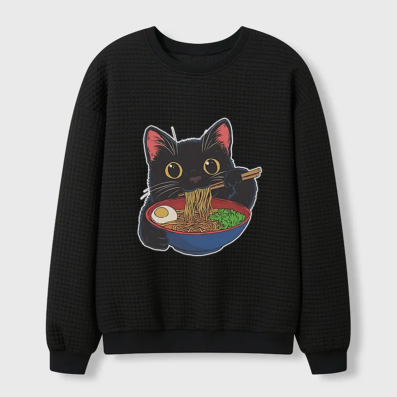 Tokyo-Tiger Black Cat Ate Japan Ramen Waffle Sweatshirt