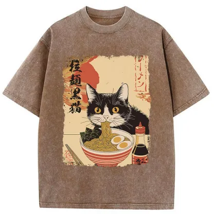 Tokyo-Tiger Black Cat Eats Ramen Japan Retro Washed T-Shirt